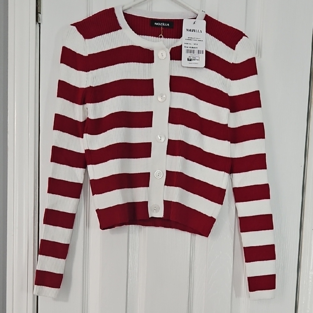 Mozilla Boutique Red and White Striped Knit Cardigan OS